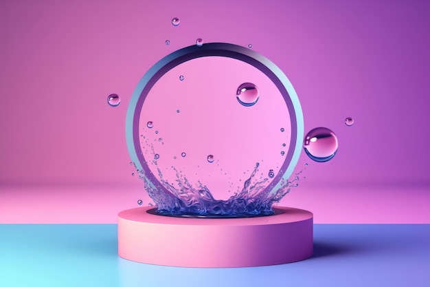 Contemporary blue and pink circle Podium with glass and water AI generation