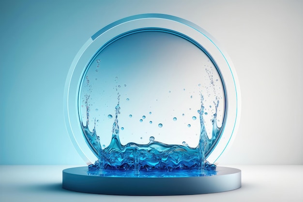 Contemporary blue and pink circle Podium with glass and water AI generation