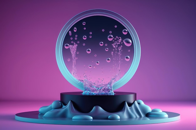 Contemporary blue and pink circle Podium with glass and water AI generation