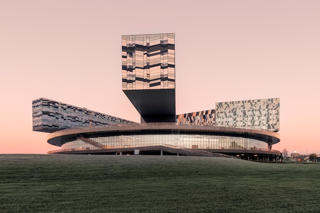 Contemporary building of Skolkovo Management School on a hill at sunrise Moscow Russia