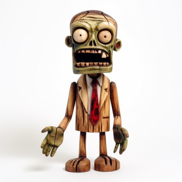 Contemporary Cartoonish Wooden Zombie Figure In Suit And Tie