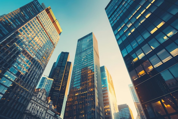 Contemporary cityscape with gleaming skyscrapers showcasing modern business office buildings