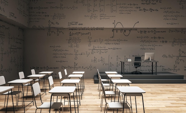 Contemporary classroom with math formulas