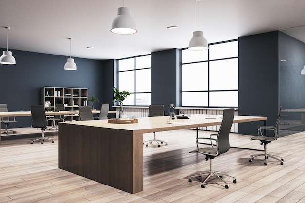 Contemporary concrete coworking office interior with wooden flooring furniture equipment and window with city view Loft office designs 3D Rendering