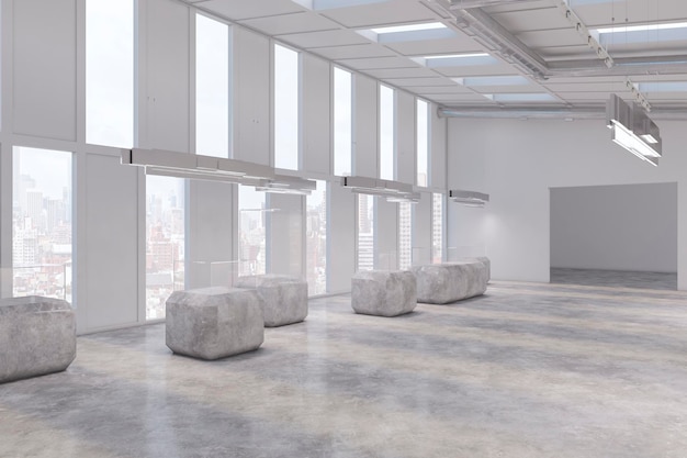 Contemporary concrete exhibition hall interior with showcases and numerous windows with city view 3D Rendering