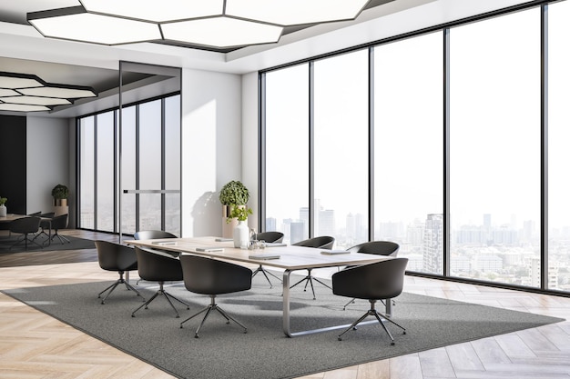 Contemporary concrete and wooden designer meeting room office room interior with furniture equipment computers carpet and panoramic city view 3D Rendering