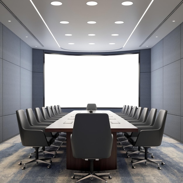 Contemporary conference room with table screen and round ceiling lights