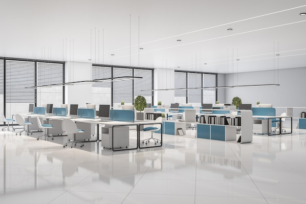 Contemporary coworking concrete office interior with window and city view furniture equipment and other objects 3D Rendering