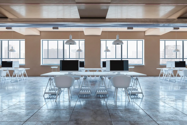 Contemporary coworking office interior with white furniture computers window with city view and daylight 3D Rendering