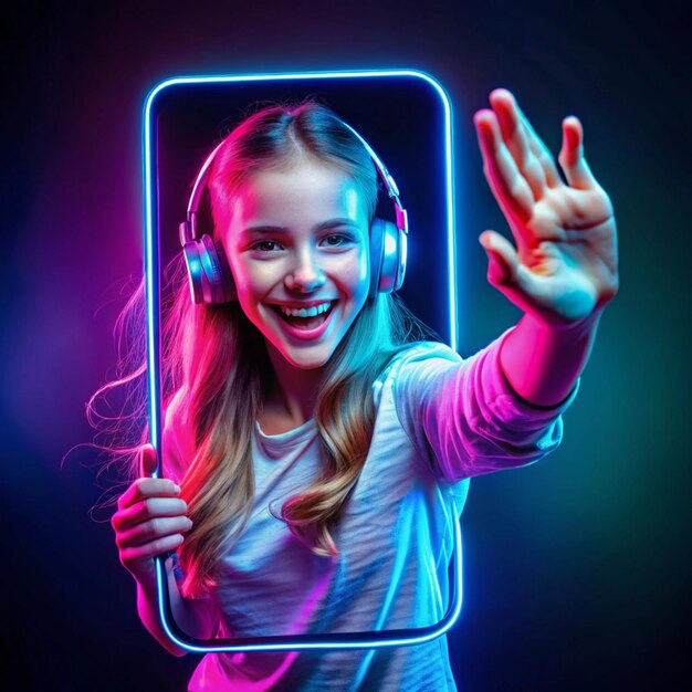 Photo contemporary creative art collage young excited beautiful girl hold out a hand from phone screen isolated on dark background in neon light concept of music leisure time tech