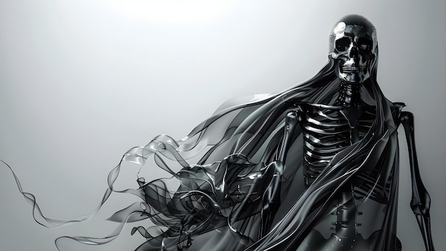 Contemporary D depiction of a skeletal figure draped in a black cloak Concept Dark Art Skeleton Black Cloak Contemporary Depiction Mysterious Figure