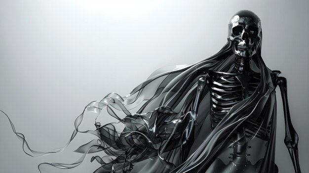 Photo contemporary d depiction of a skeletal figure draped in a black cloak concept dark art skeleton black cloak contemporary depiction mysterious figure