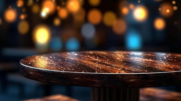 Contemporary dark wooden table with abstract restaurant bokeh illumination