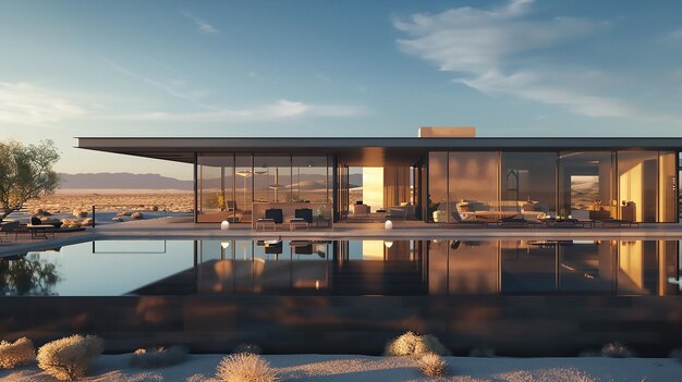 A contemporary desert hideaway with minimalist architecture featuring sleek lines and reflective surfaces shimmering in the desert sun