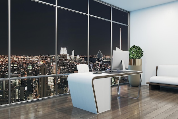 Contemporary designer office interior with workplace night city view and other items 3D Rendering