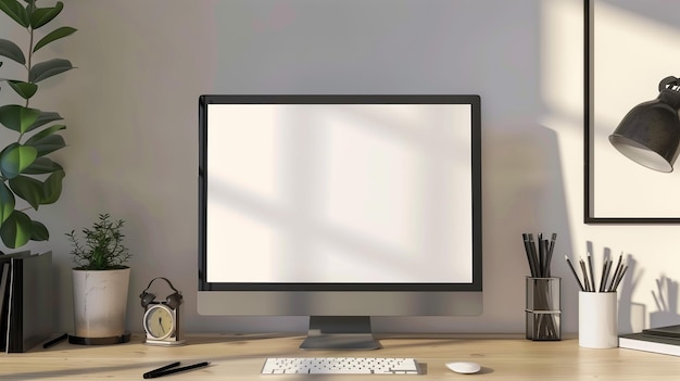 Contemporary Desk MockUp Featuring Blank Poster Frame Technology Elements