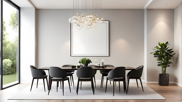 Photo contemporary dining room with a blank frame displayed on a feature wall behind a dining table