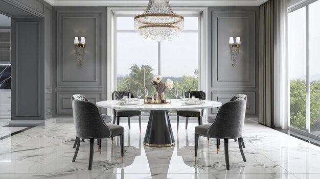 Photo a contemporary dining room with a large round table grey upholstered chairs and a crystal chandelier the room has a view of a swimming pool through large windows