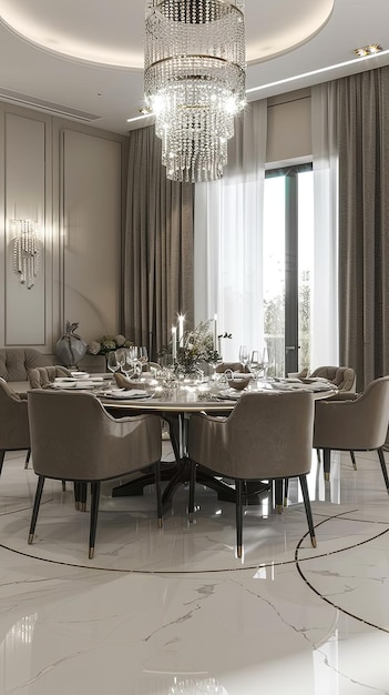 Photo a contemporary dining room with a large round table grey upholstered chairs and a crystal chandelier the room has a view of a swimming pool through large windows