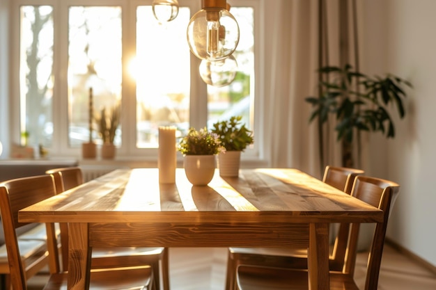 Photo contemporary dining room with a simple wooden table and stylish minimalist lighting