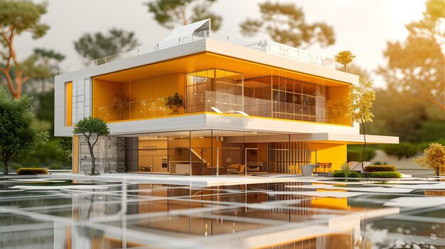 A contemporary ecohome design with detailed blueprints against a gold geometric backdrop