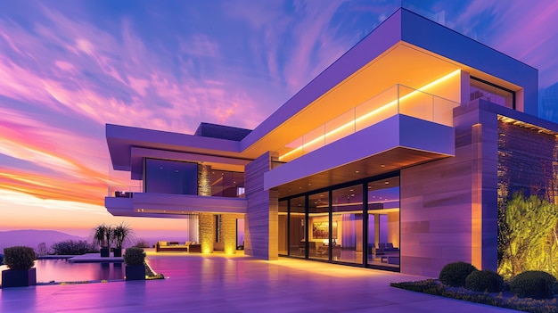 Contemporary Entrance Luxury Home Exterior at Sunset with Glowing Interior Lights