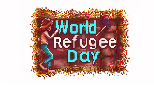 Contemporary feel with World Refugee Day in digital pixel font designed for tech backgrounds include