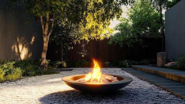 Photo a contemporary fire pit nestled in a peaceful backyard surrounded by gravel and lush greenery