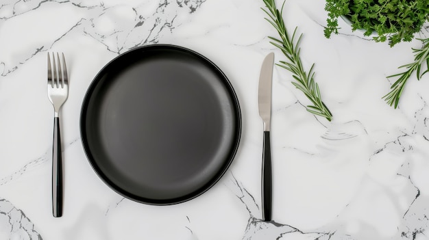 Contemporary flat lay of a chic table setting matte black plates sleek silver cutlery