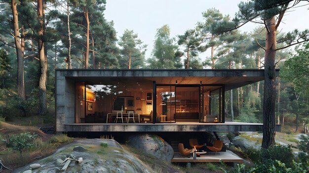 Photo a contemporary forest cabin design with floor plans amidst towering pine trees