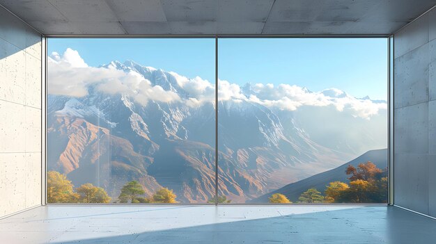 Photo contemporary fulllength window offers a majestic mountain landscape 3d rendering depiction of an iso