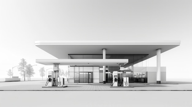 Photo a contemporary gas station featuring sleek fuel dispensers designed in black and white for effective promotional presentations generative ai