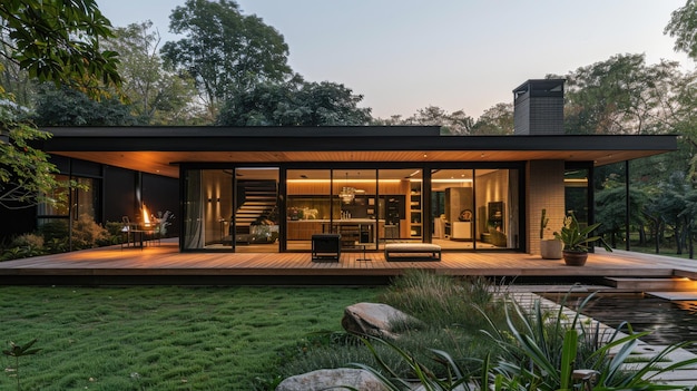 Contemporary glass house with a spacious wooden deck nestled in a lush green garden during the evening