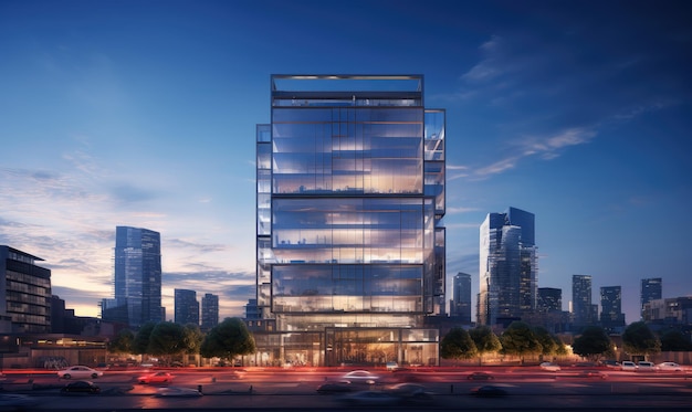 Contemporary Glass Office Building at Dusk