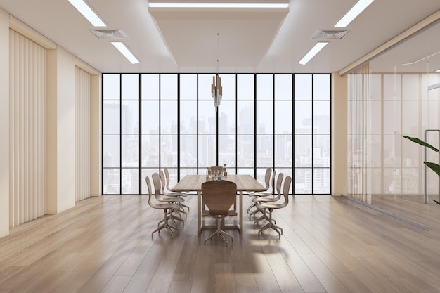 Contemporary glass partition meeting room interior with wooden flooring furniture and equipment 3D Rendering