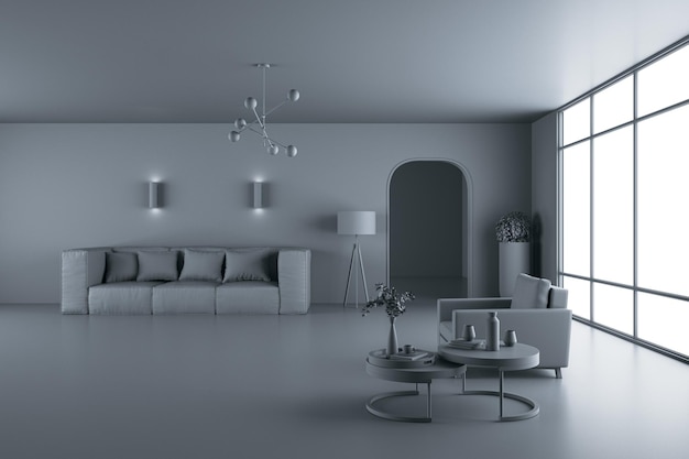 Contemporary gray interior with furniture windows and daylight Design style and minimalism concept 3D Rendering