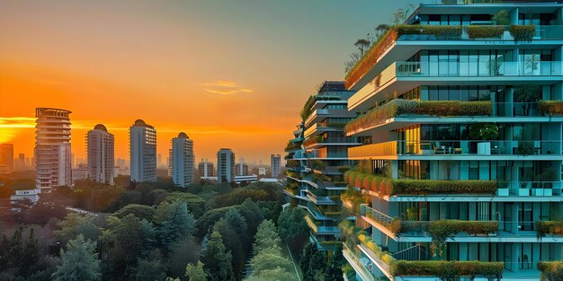 Contemporary green buildings with hightech facade glowing in sunset ne Concept Architecture Modern Design Sustainable Technology Sunset Green Buildings