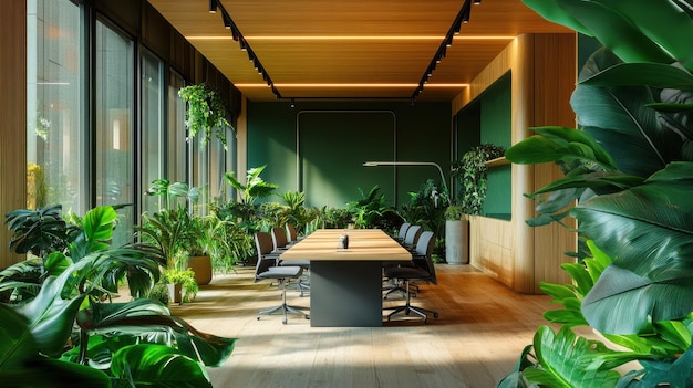 A contemporary green office with a central meeting table surrounded by vibrant plants