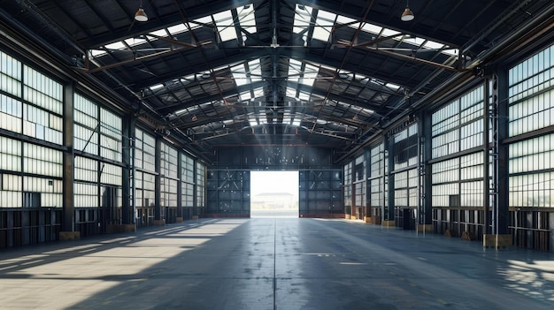 Contemporary hangar metal framework spacious interior industrial design high ceilings steel structure open layout modern architecture