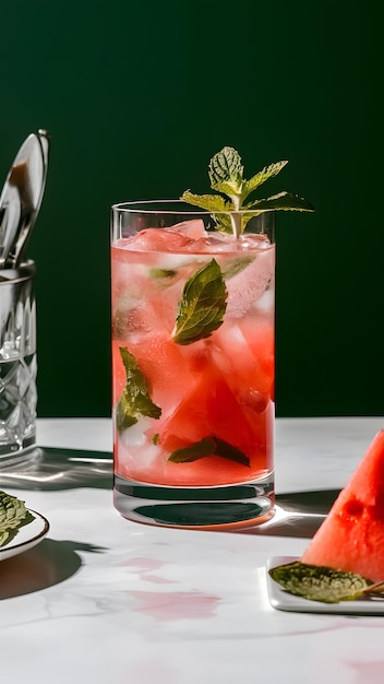 A contemporary highball glass filled with a refreshing mix of watermelon and mintinfused water gar