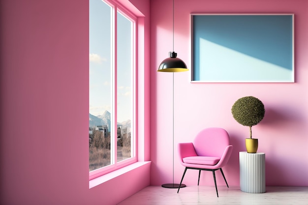 A contemporary home area decorated with a pink wall a lamp for the chair and a window view