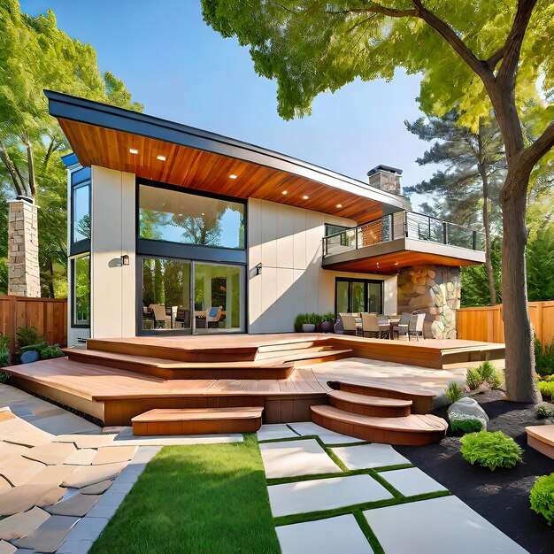 Contemporary home exterior with split level design with beige siding attached wood deck with seatin