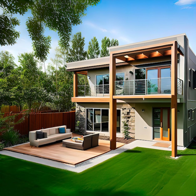 Contemporary home exterior with split level design with beige siding attached wood deck with seatin