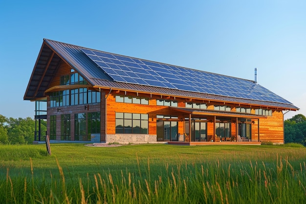 A contemporary home featuring solar panels and a woodclad exterior stands amidst a grassy field Illustrate a zero energy building design that utilizes passive solar heating and cooling techniques