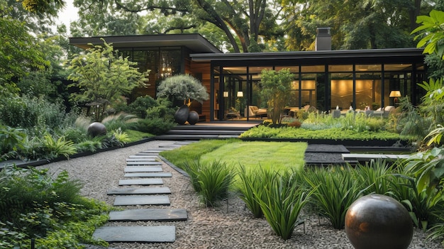 Photo contemporary home garden with a simple stone pathway modern sculptures and lush greenery