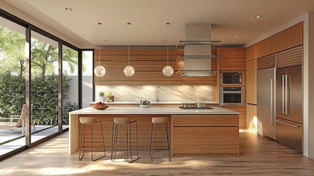 A contemporary home kitchen featuring cabinets made of hickory