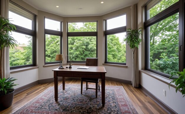 Photo contemporary home office with sleek furniture large windows and a variety of succulents