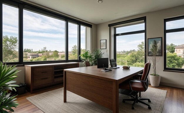 Contemporary home office with sleek furniture large windows and a variety of succulents