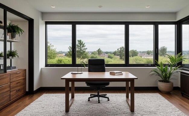 Contemporary home office with sleek furniture large windows and a variety of succulents