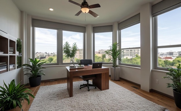 Contemporary home office with sleek furniture large windows and a variety of succulents